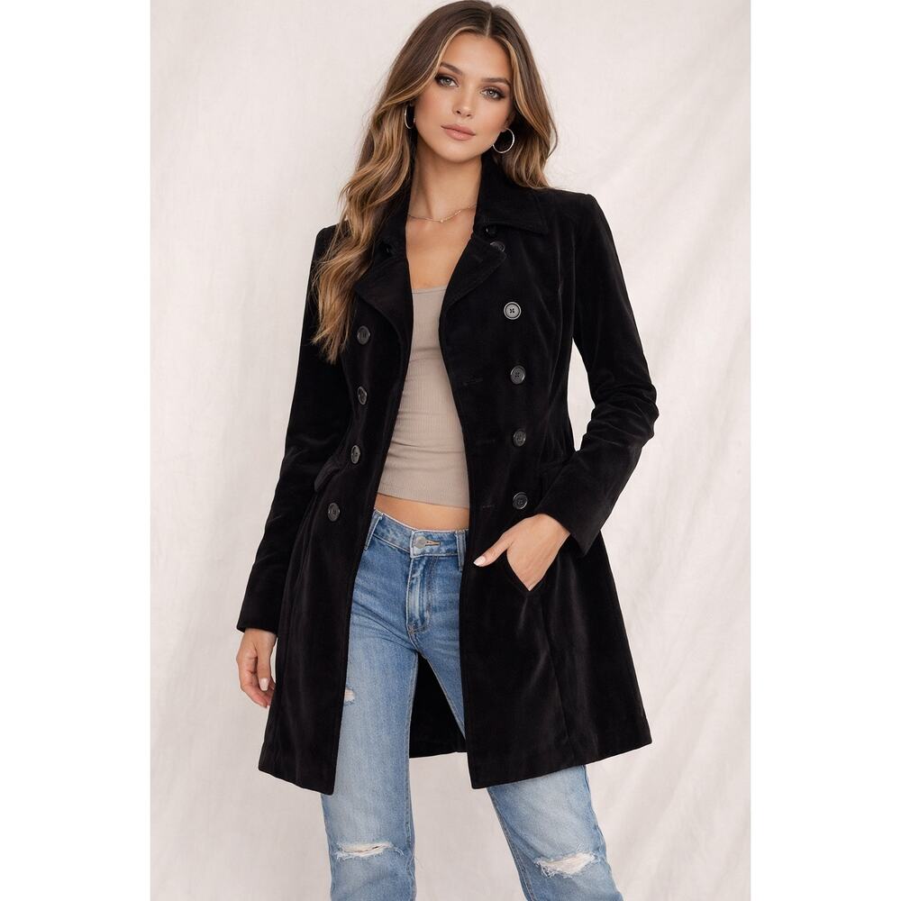 Vintage Mossimo Black Velvet Double-Breasted Y2K Trench Coat – Size S